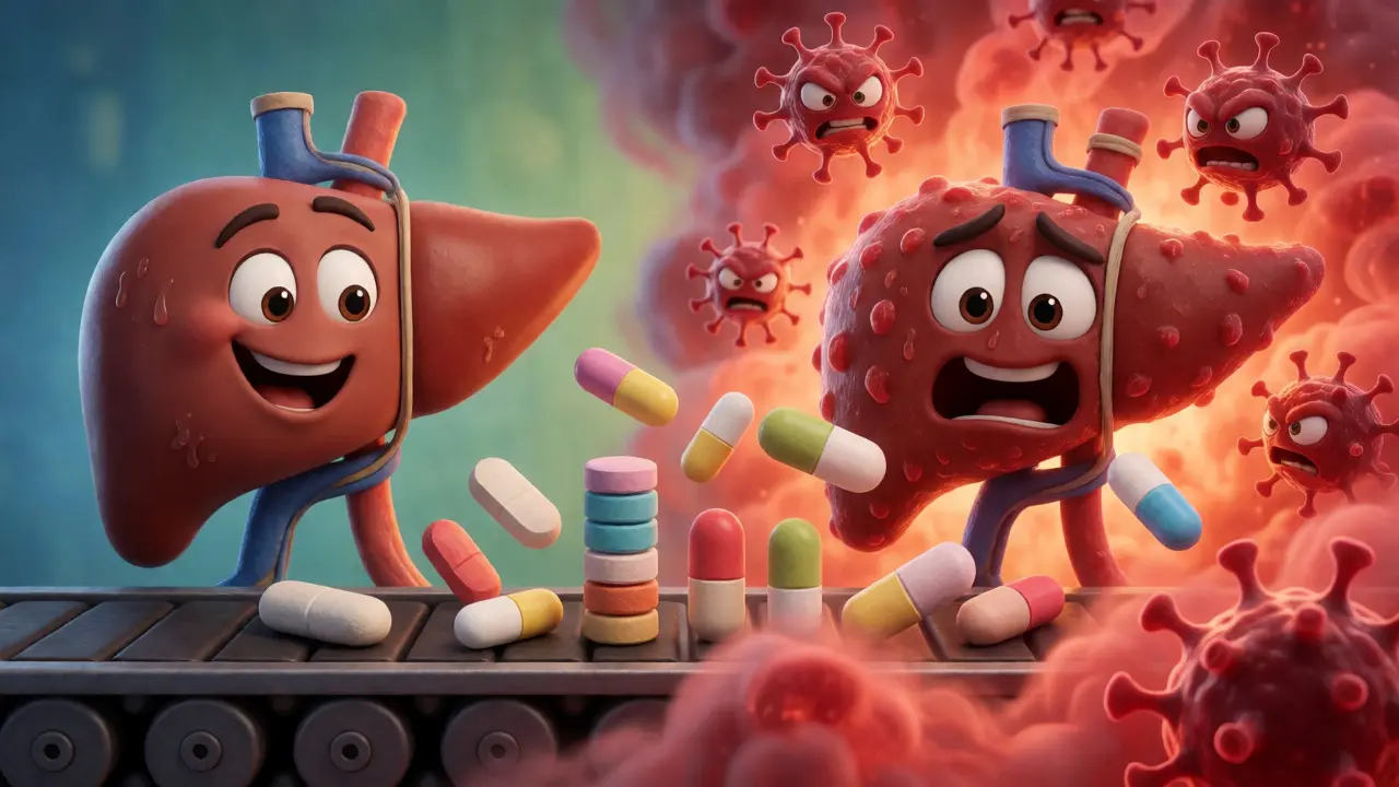 Liver character struggling with pills amidst inflammatory chaos