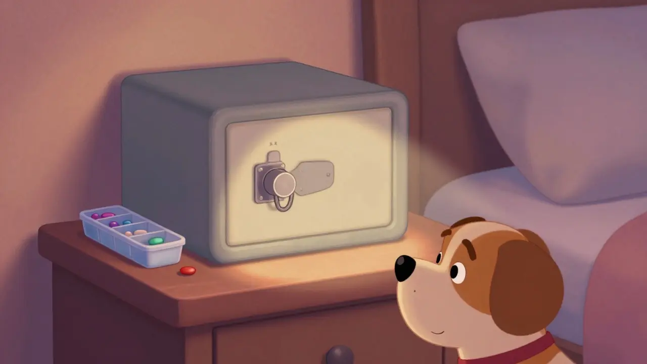 Medication stored securely in a lockbox on a bedside table away from pets.