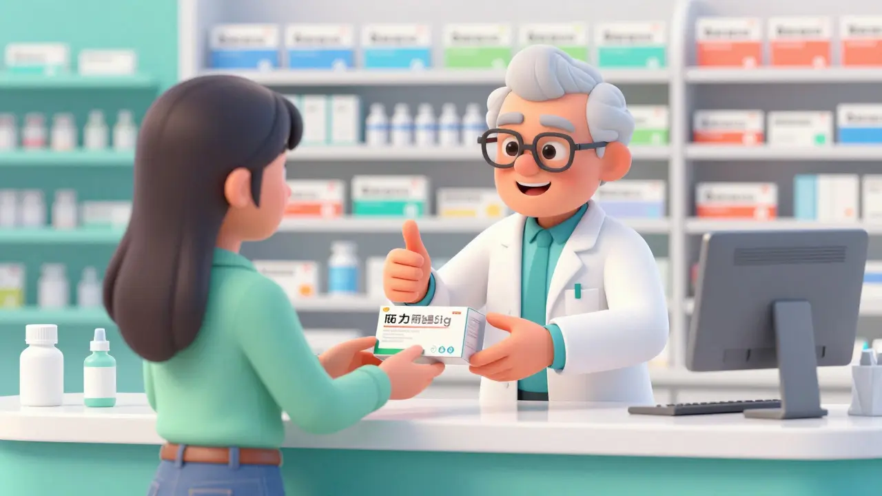 Pharmacist handing a verified medication package to a customer at a pharmacy