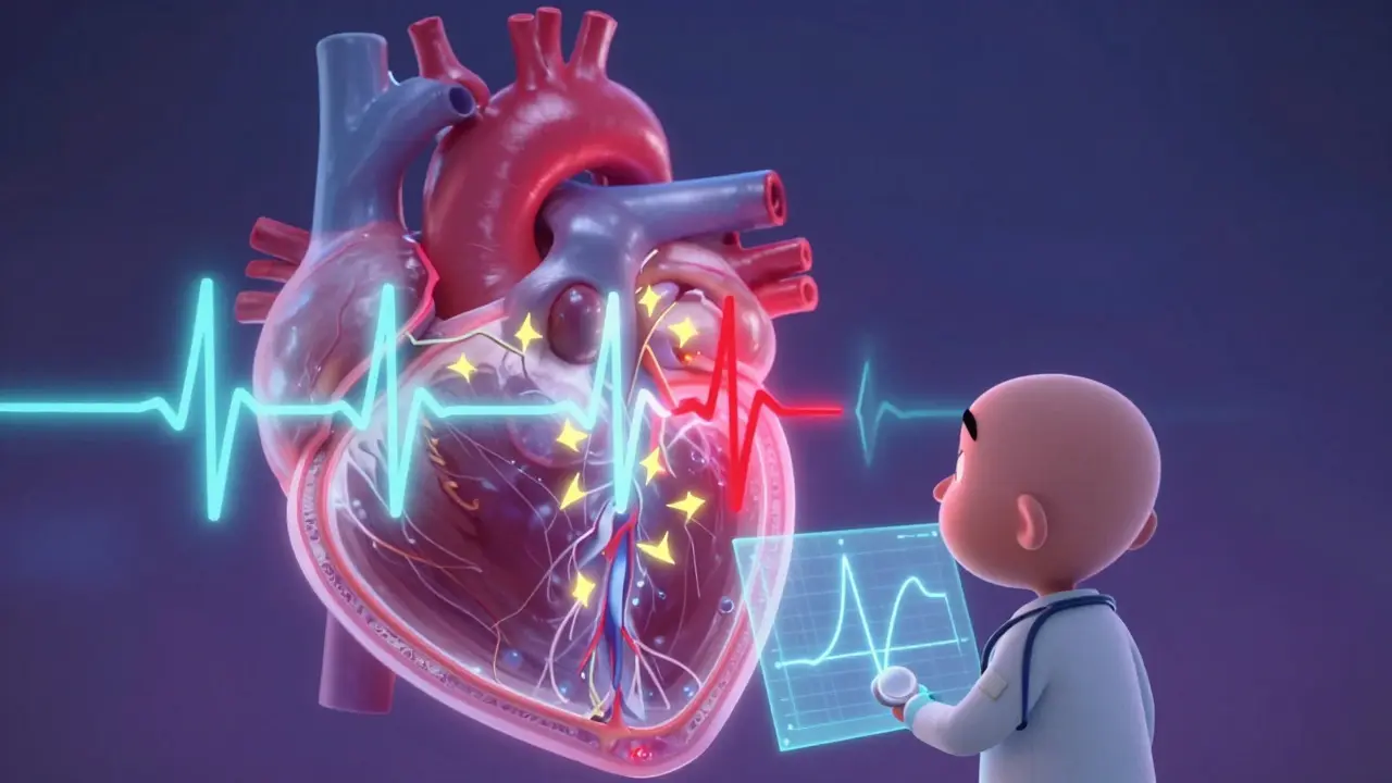 Stylized heart with electrical signals and a doctor monitoring risk