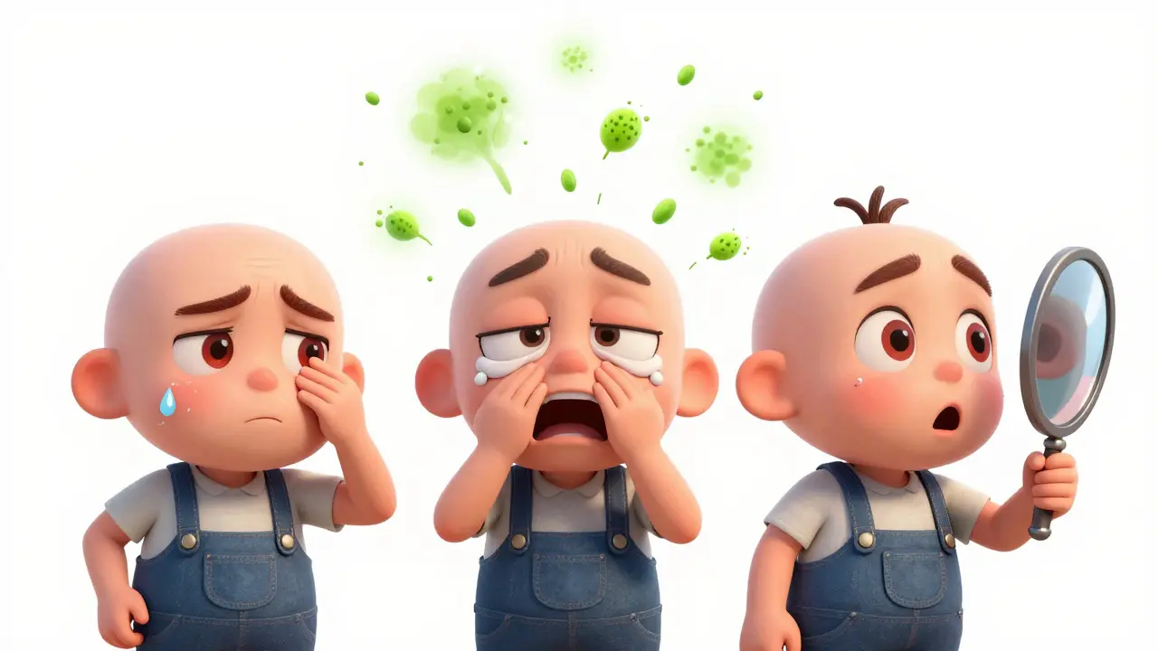 Three cartoon characters illustrating dryness, allergy, and redness eye symptoms