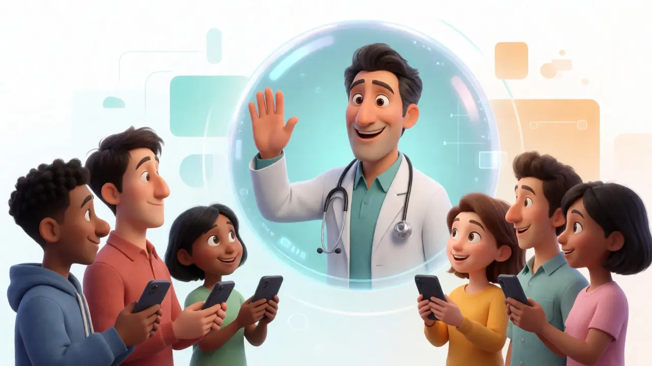 Cartoon doctor consulting patients via video call interface