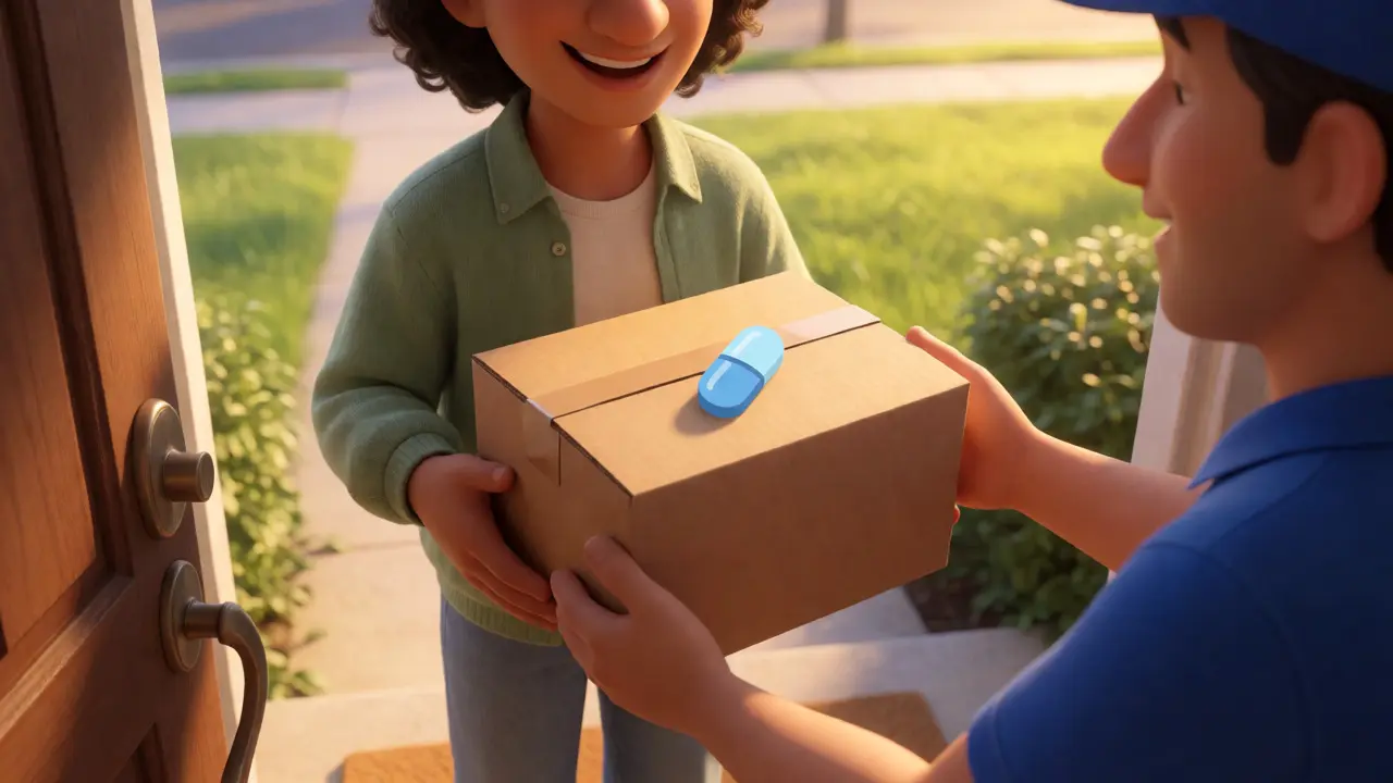 Happy person receiving a medication package at their doorstep